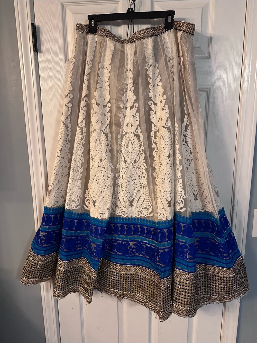Ivory Handmade Lace Lehenga Skirt with Blue and Gold Accent
